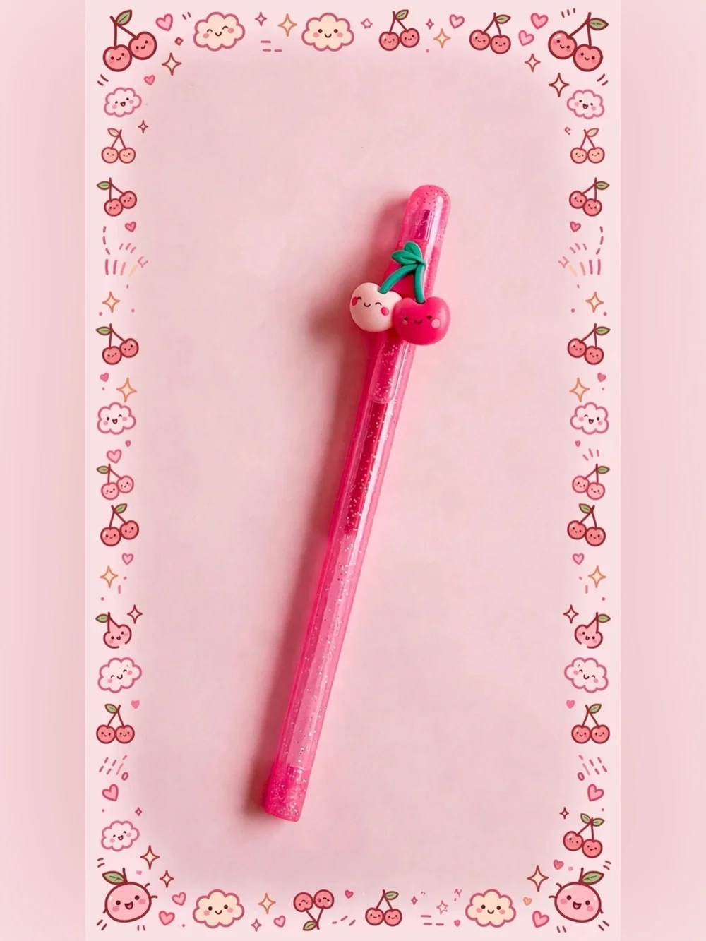 Set Kawaii Pink Cherry Gel Pen for Kids - Cute Cherry Charm Design